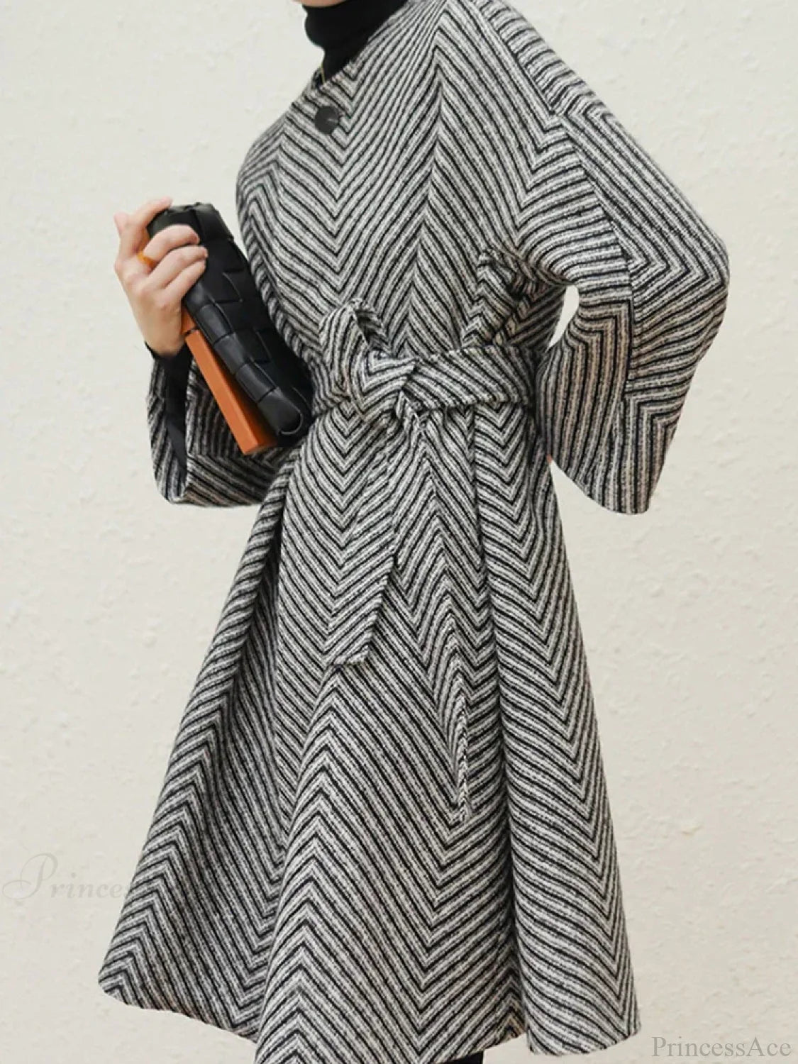 Zigzag Woolen Sashes A-Line Overcoat