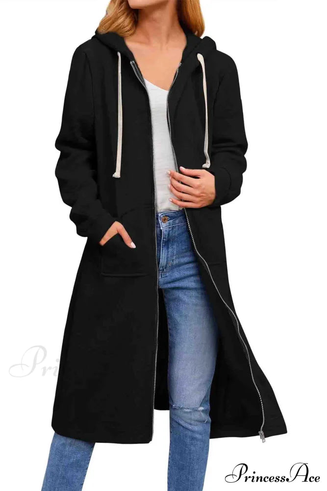 Zip Up Hooded Long Drawstring Cardigan Black / S Cardigans