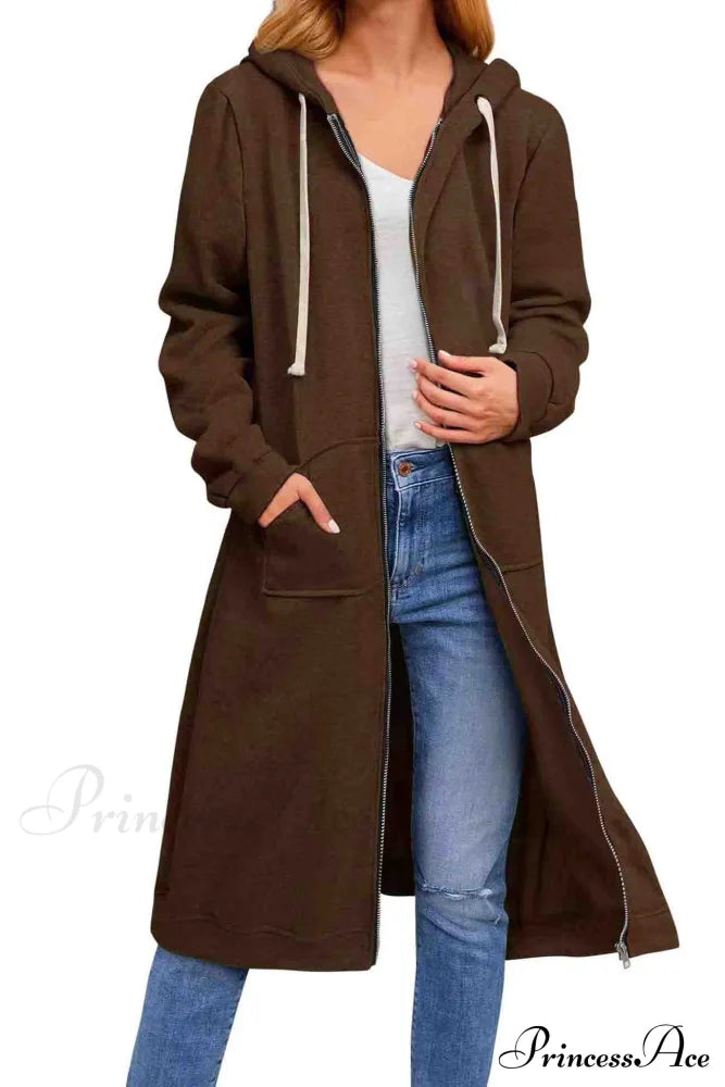 Zip Up Hooded Long Drawstring Cardigan Coffee Brown / S Cardigans