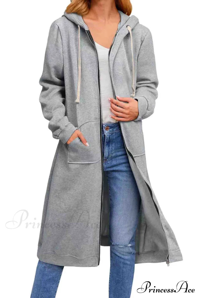 Zip Up Hooded Long Drawstring Cardigan Grey / S Cardigans