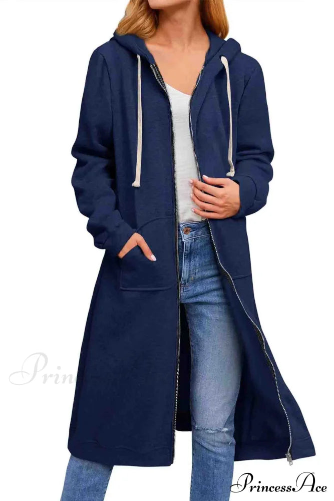 Zip Up Hooded Long Drawstring Cardigan Navy Blue / S Cardigans