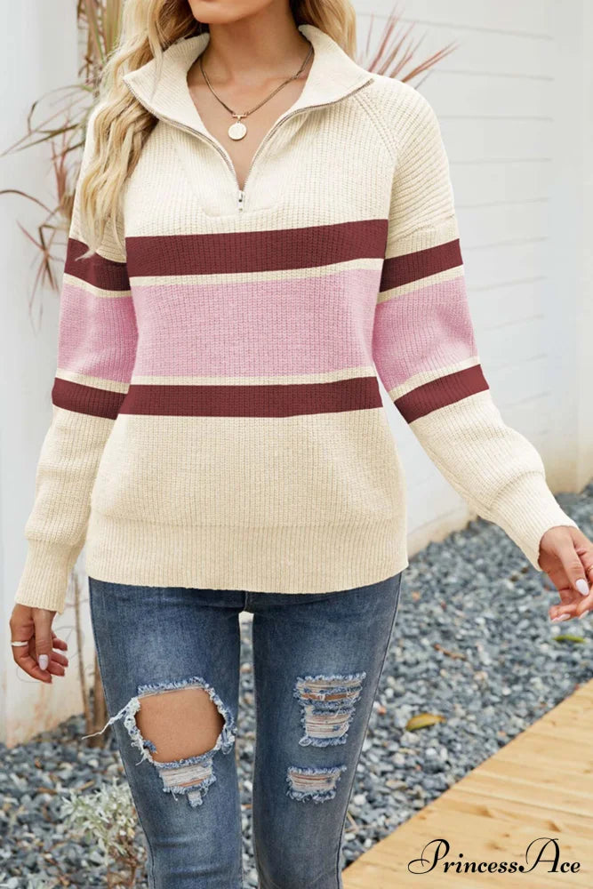 Zip-Up Sweater With Lapel Beige / Xl Sweaters-L