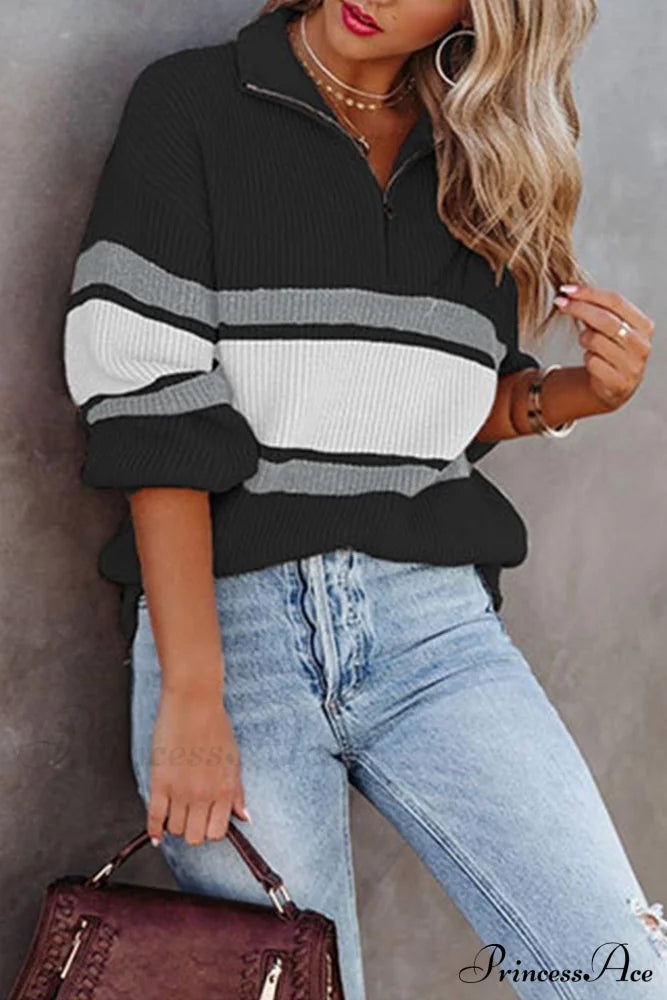 Zip-Up Sweater With Lapel Black / S Sweaters-L