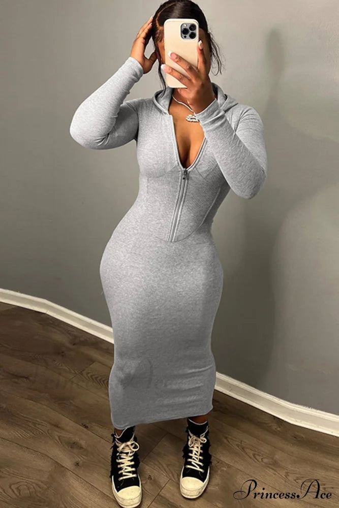 Zipper Hoodie Dress Grey / M Midi Dresses