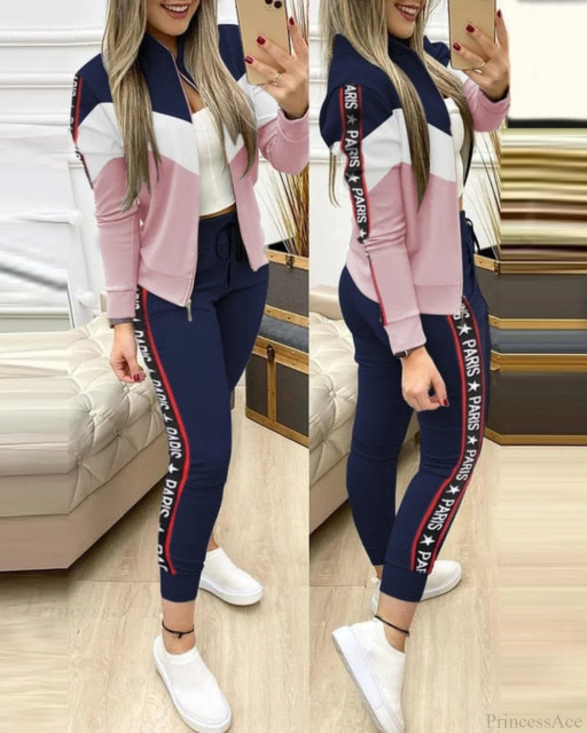 Set For Zipper Pants Long Autumn Piece Fashion + Suit - Winter Tracksuit Jacket 2 Sports Women Blue