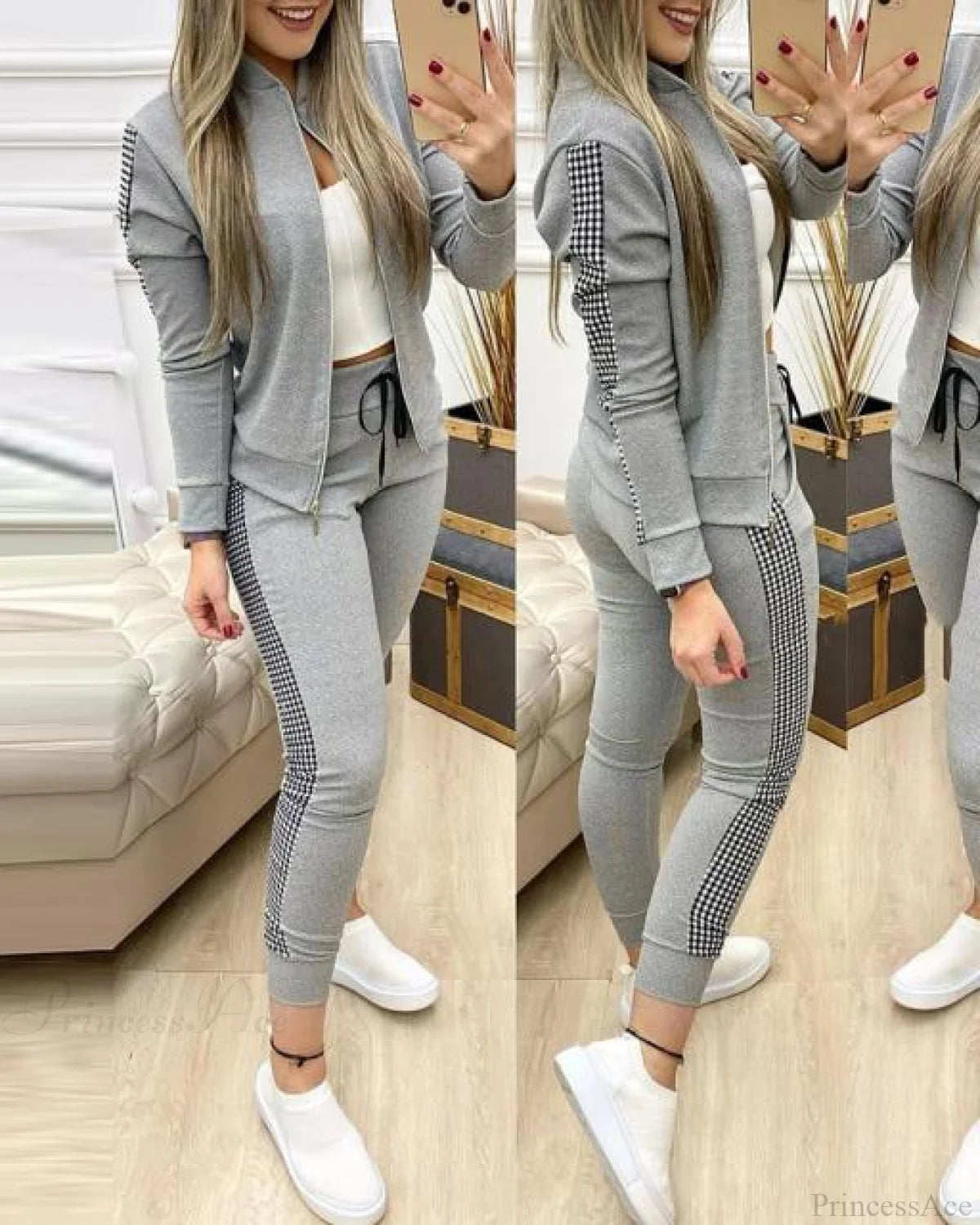 Set For Zipper Pants Long Autumn Piece Fashion + Suit - Winter Tracksuit Jacket 2 Sports Women Gray