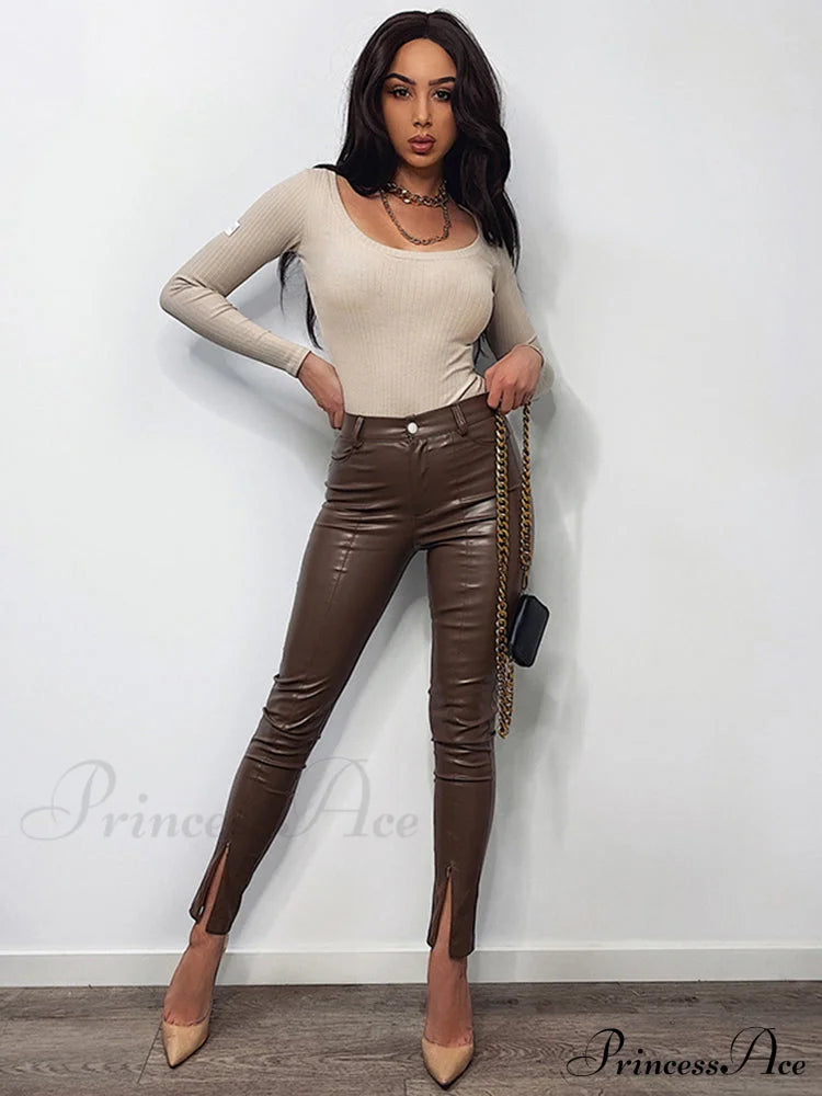 Zipper Skinny Faux Leather Pants Brown / S