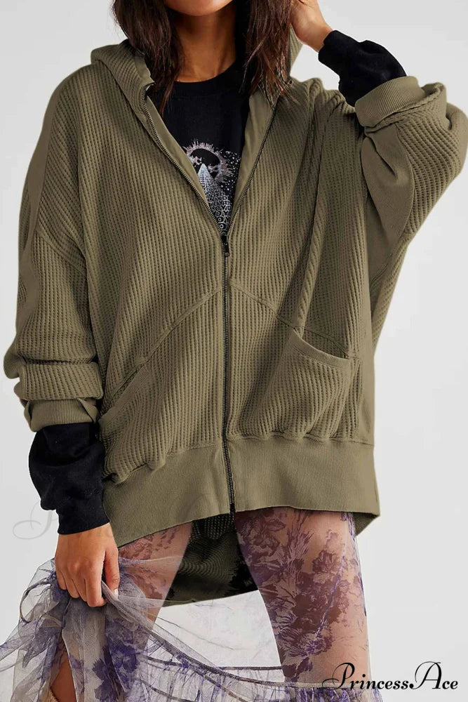 Zipper Waffle Hoodie Army Green / S