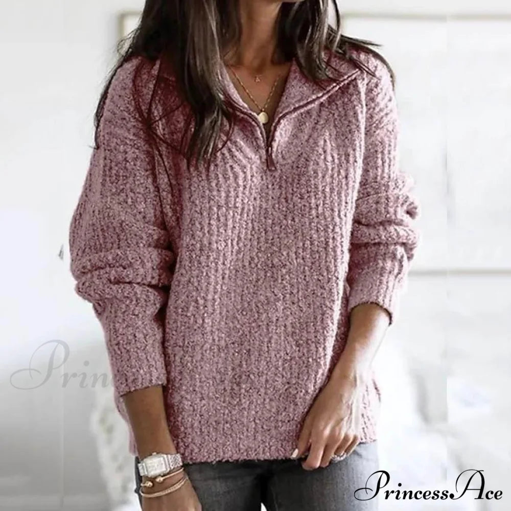 Women's Pullover Sweater Zipper Solid Color Basic Casual Long Sleeve Sweater Cardigans Pink clothes refund_fee:1200 tops